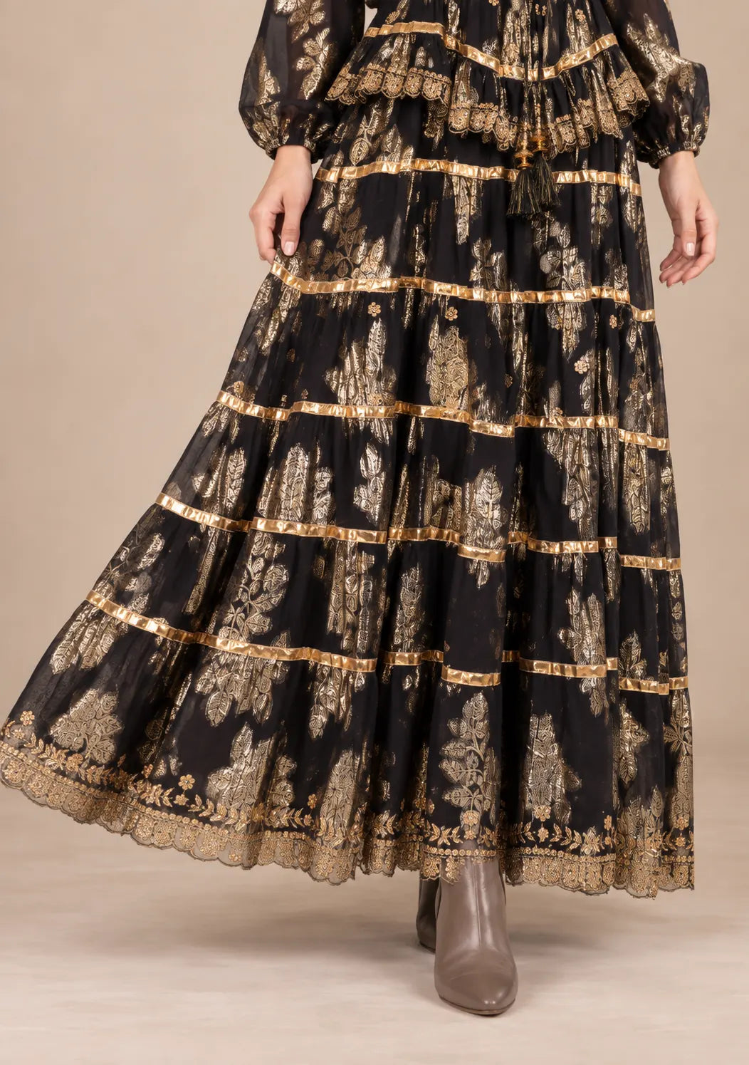 Ibban Women's Cotton Lurex Chari Long Maxi Dress with Gold Embroidery