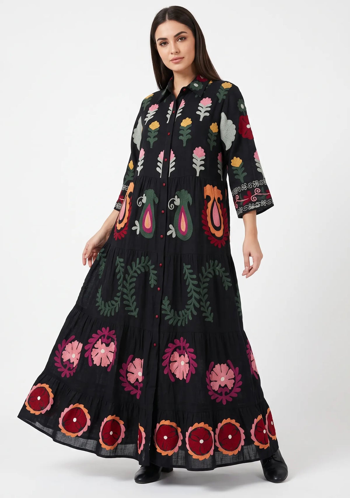 Women’s Cotton Hand-Embroidered Tiered Long Tunic - Ambir