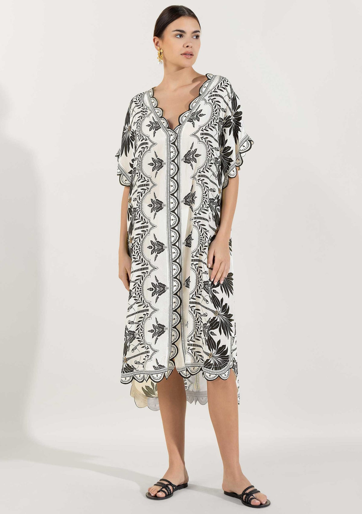 Rifat Black Botanical Kaftan Dress with Scalloped Edges | ibBan