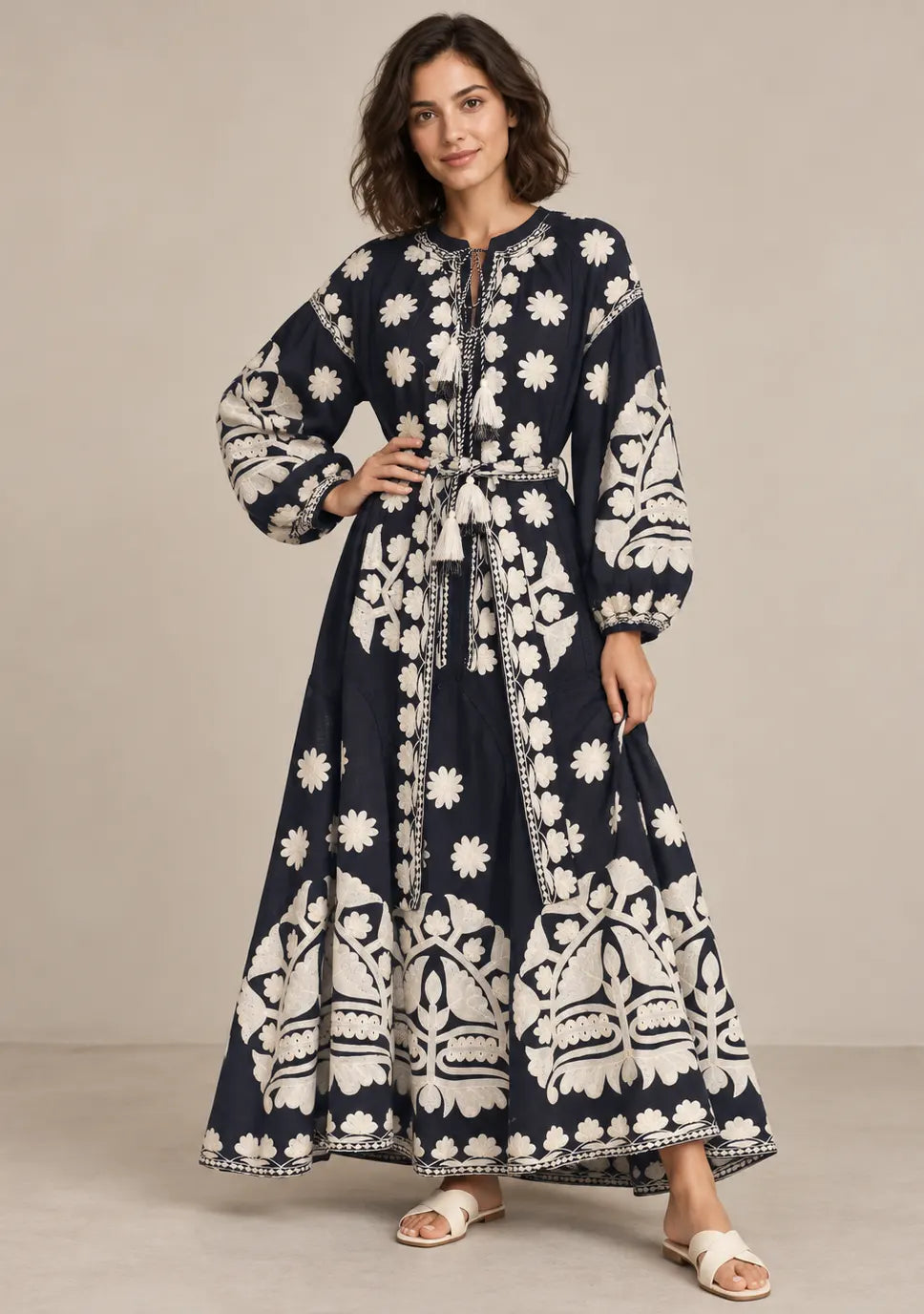 Women’s Cotton Embroidered Floral Long Dress - Ayat