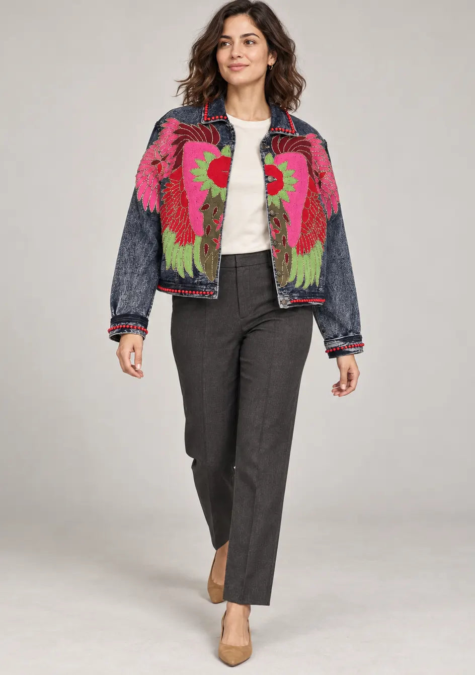 Women’s Cotton Denim Jacket with Hand-Embroidered - Fizro