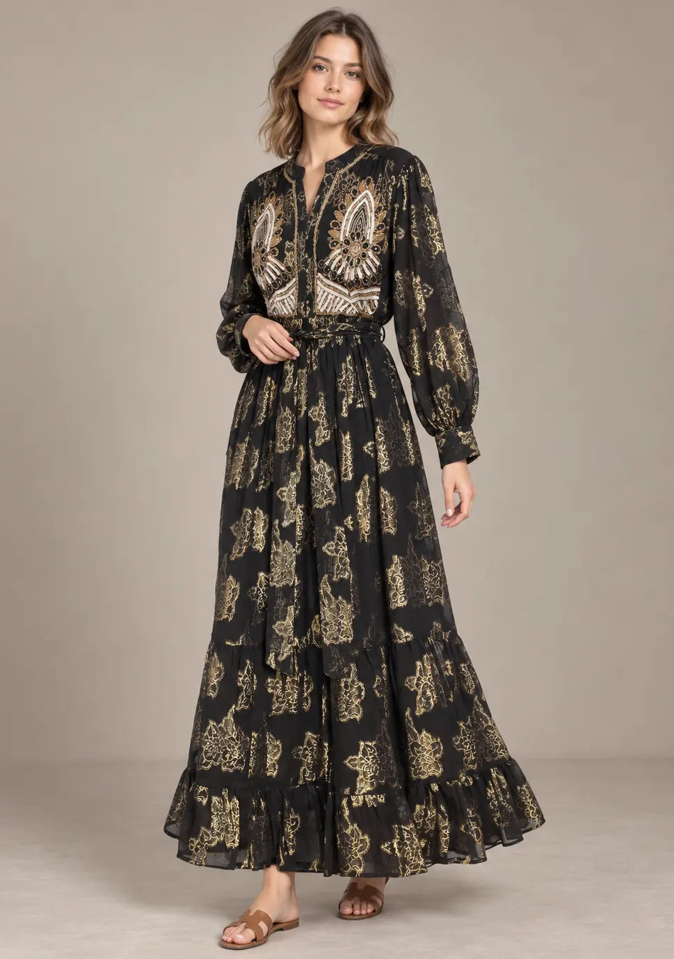 Women’s Hand-Embroidered Cotton Lurex Long Dress - Varsha