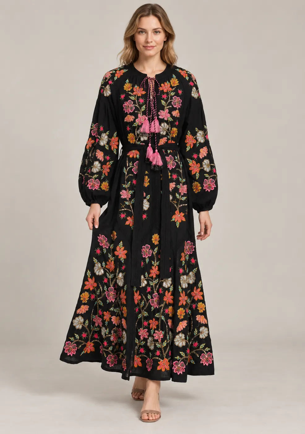 Women’s Cotton Long Dress with Floral Hand Embroidery -Ravila
