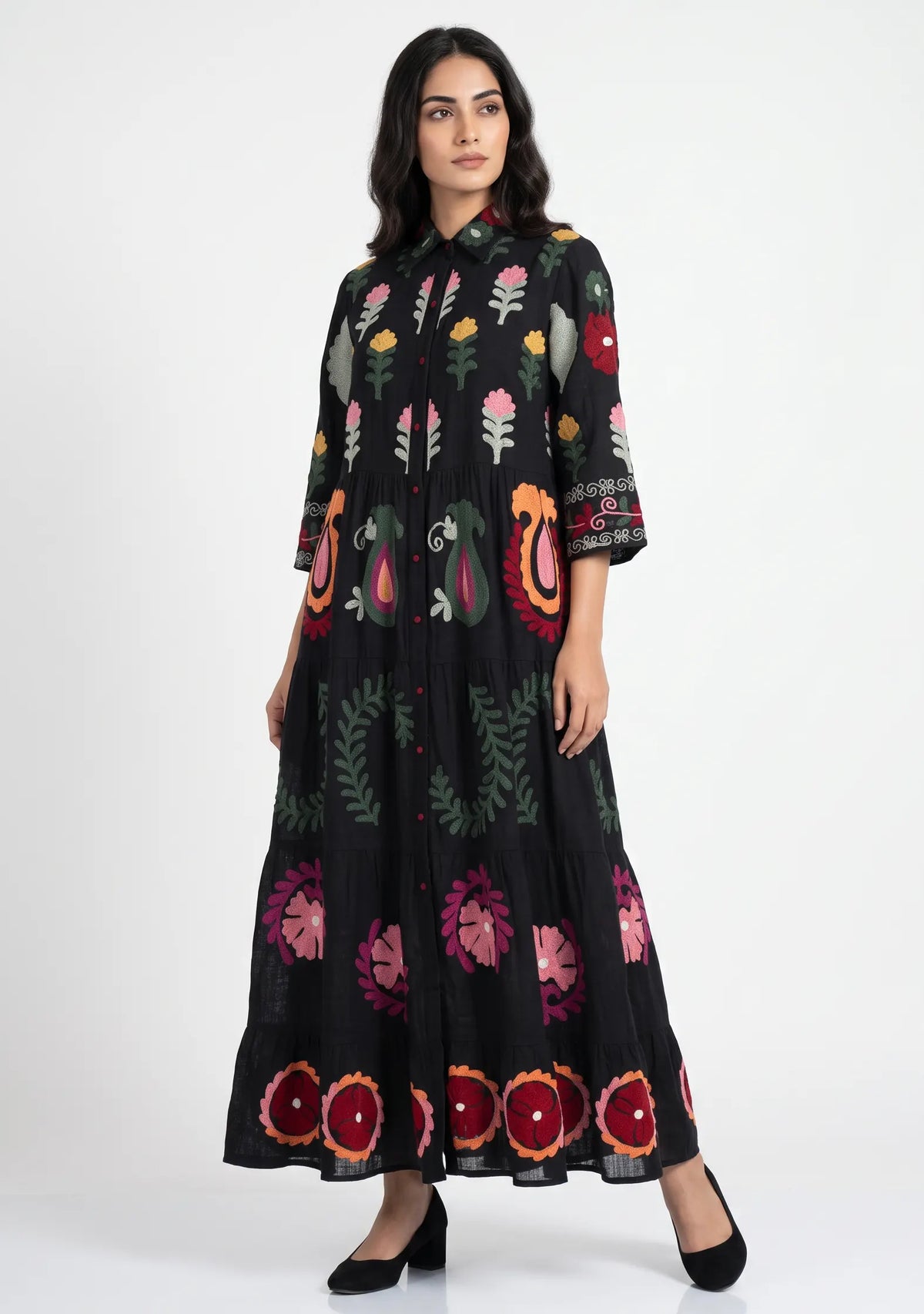Women’s Cotton Hand-Embroidered Tiered Long Tunic - Ambir