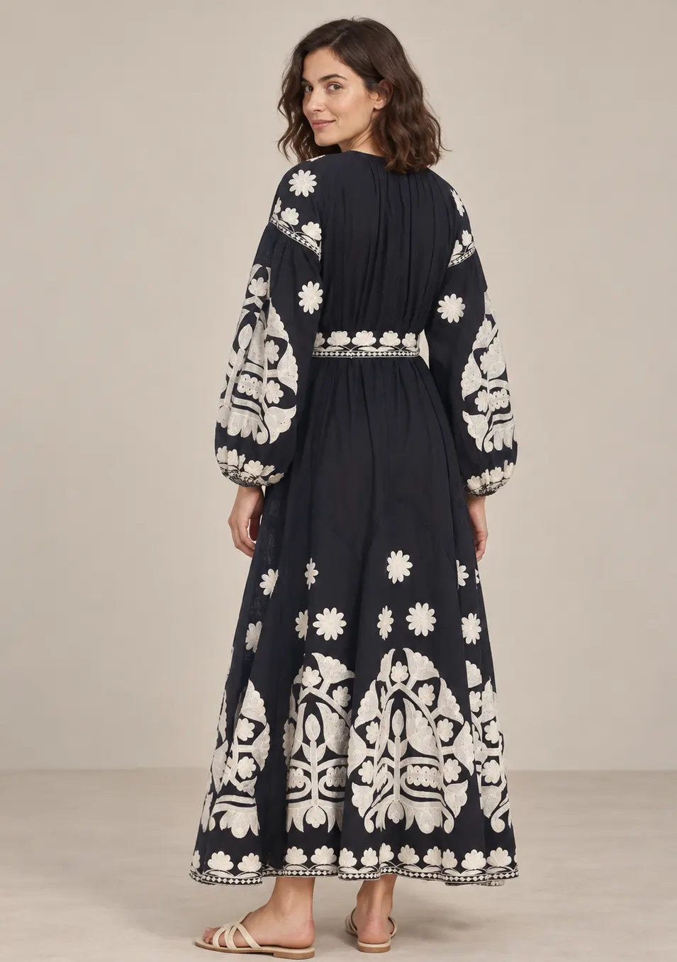 Women’s Cotton Embroidered Floral Long Dress - Ayat