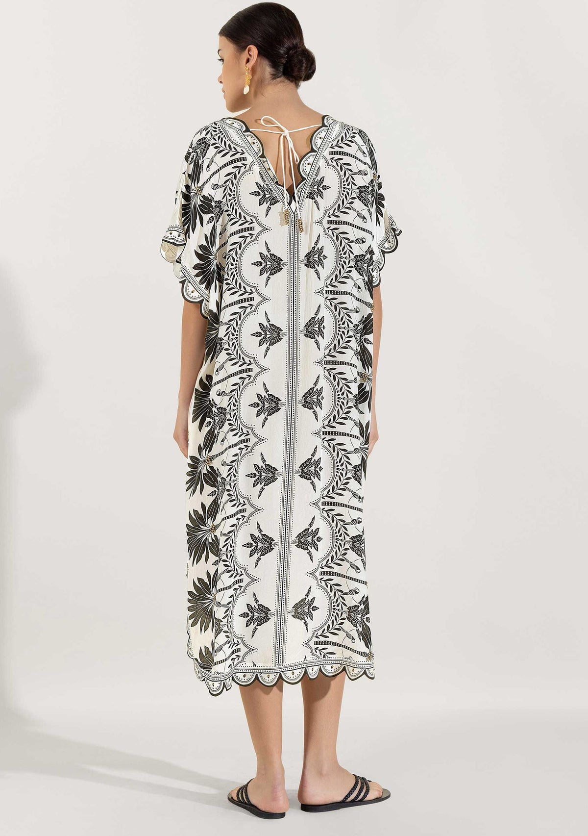 Rifat Black Botanical Kaftan Dress with Scalloped Edges | ibBan