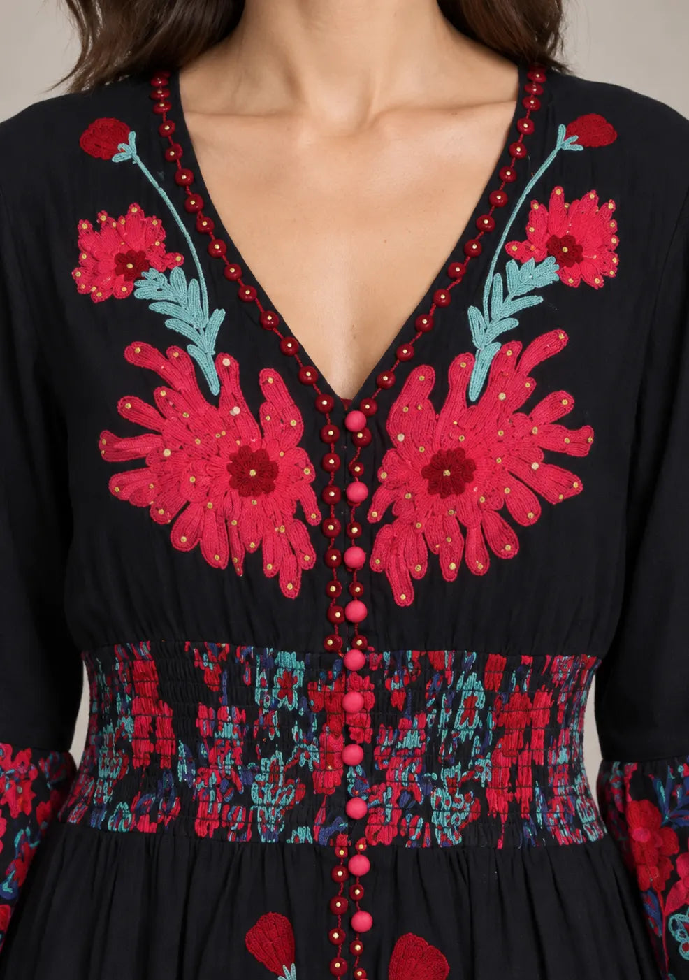 Women’s Cotton Jersey Floral Maxi Dress with Hand Embroidery - Fazli