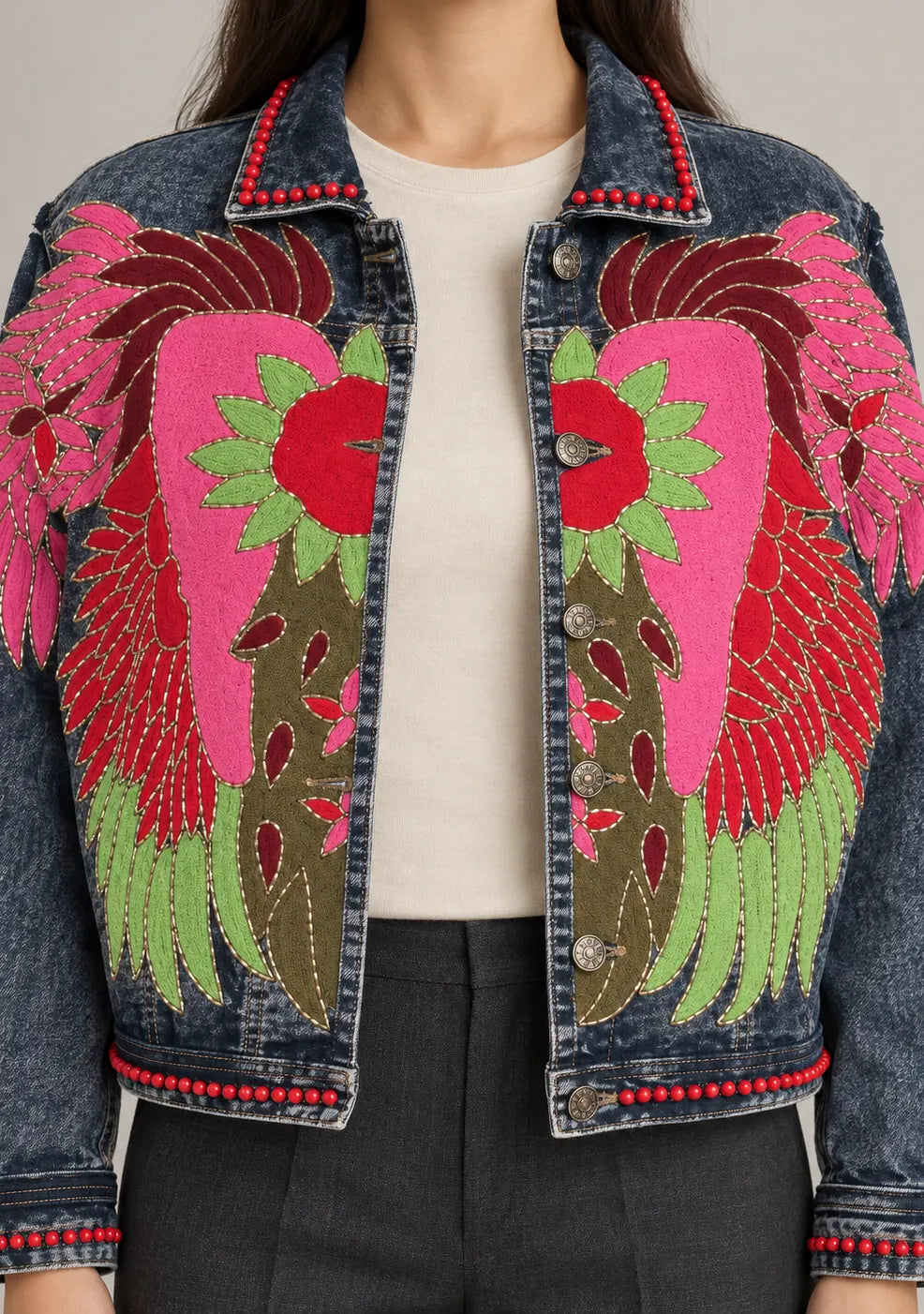 Women’s Cotton Denim Jacket with Hand-Embroidered - Fizro
