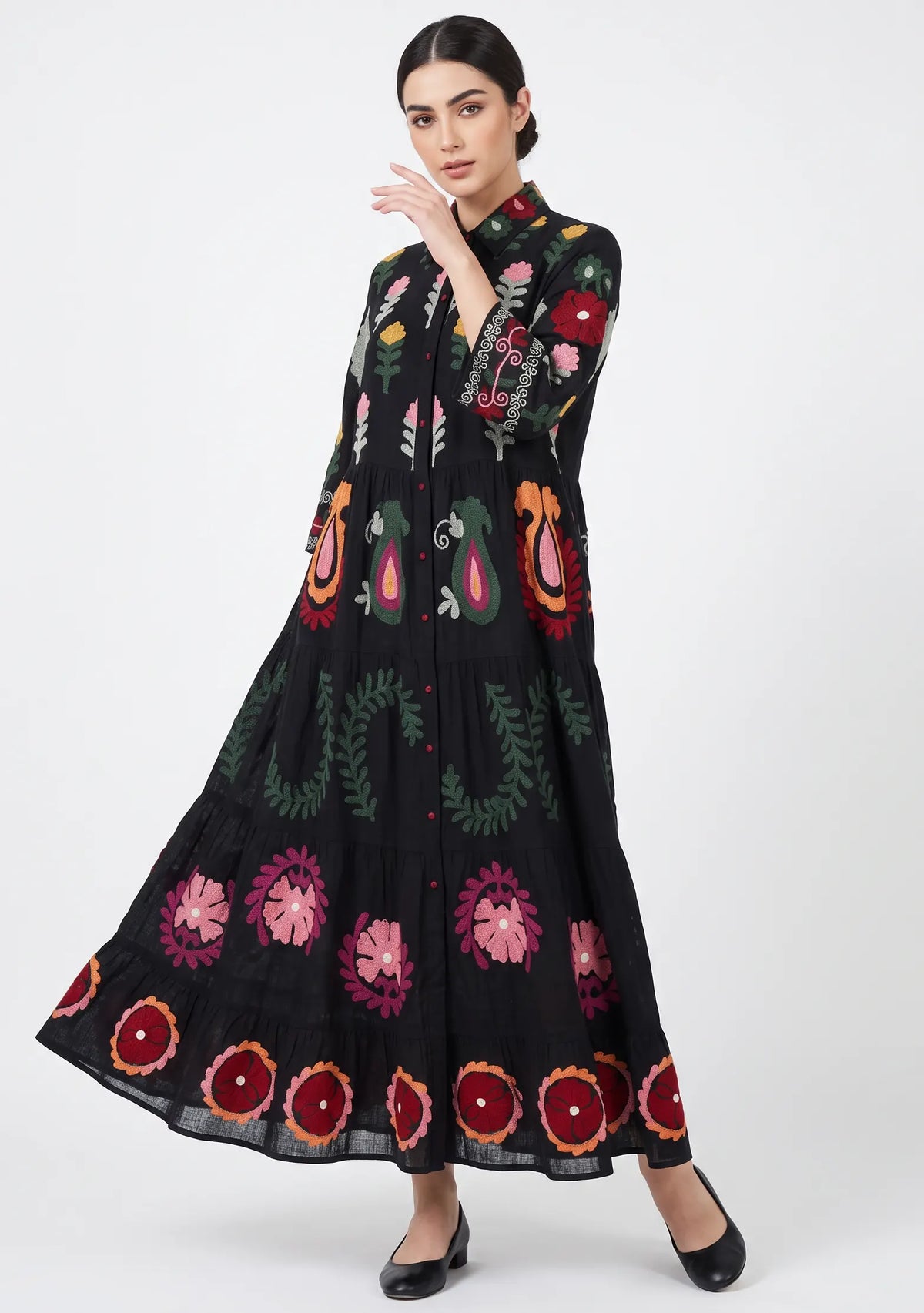 Women’s Cotton Hand-Embroidered Tiered Long Tunic - Ambir