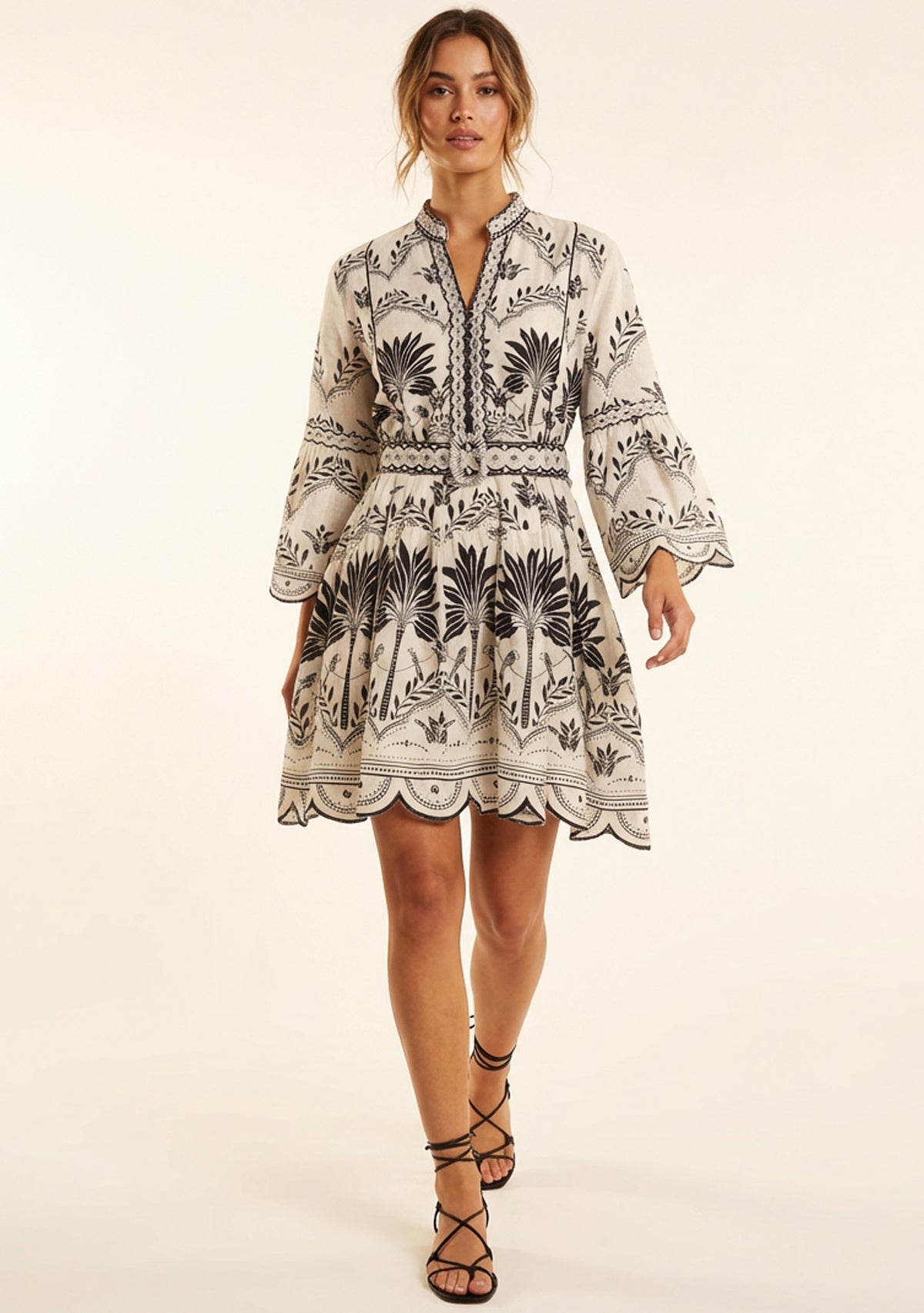 Rifat Short Tunic – Coral Botanical Print & Bell Sleeves | ibBan