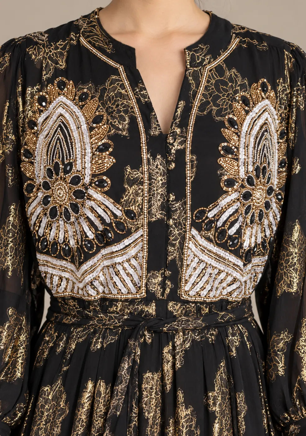 Women’s Hand-Embroidered Cotton Lurex Long Dress - Varsha