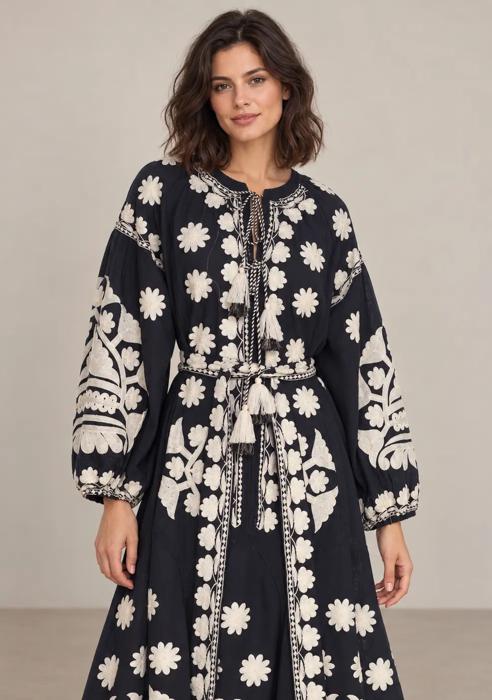 Women’s Cotton Embroidered Floral Long Dress - Ayat