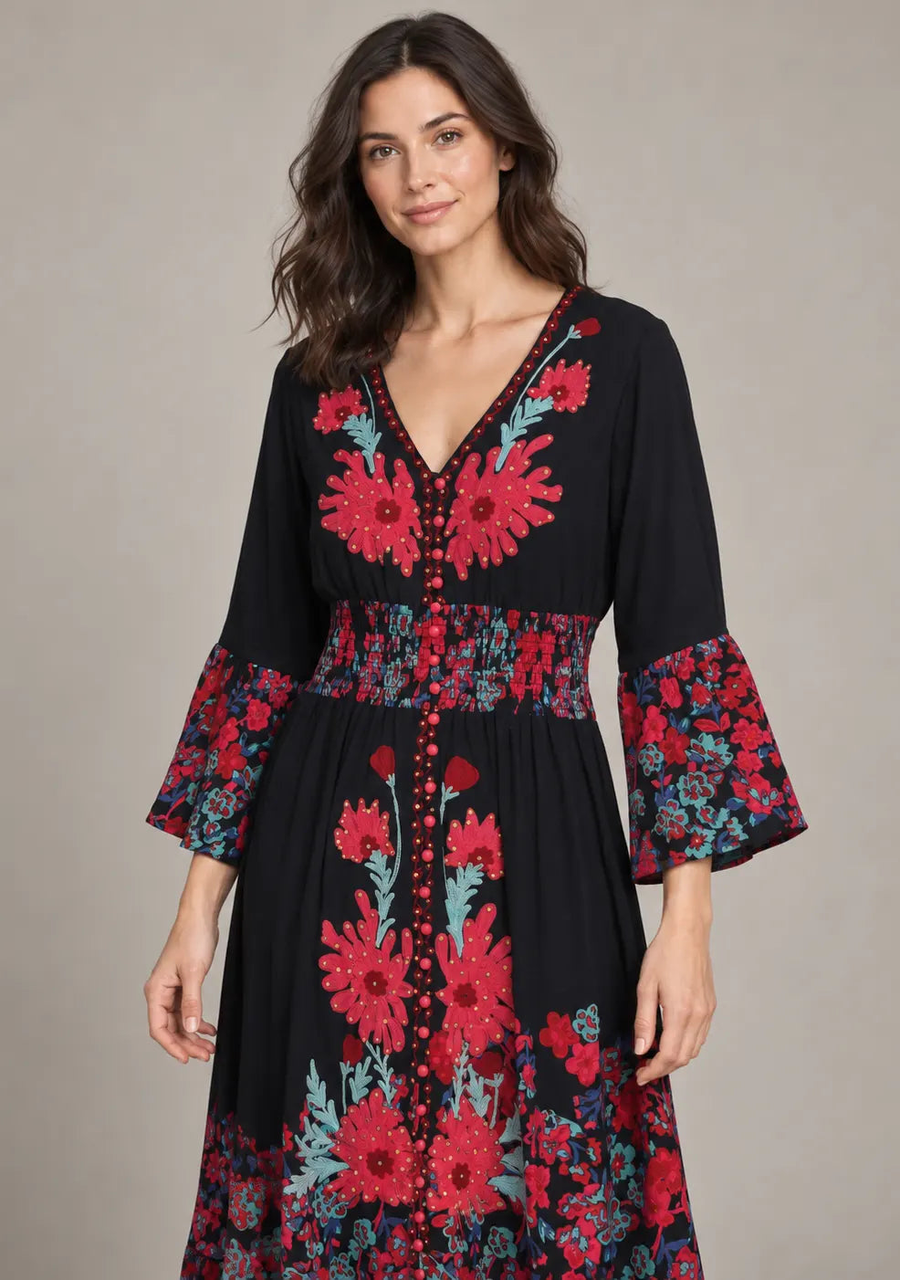 Women’s Cotton Jersey Floral Maxi Dress with Hand Embroidery - Fazli