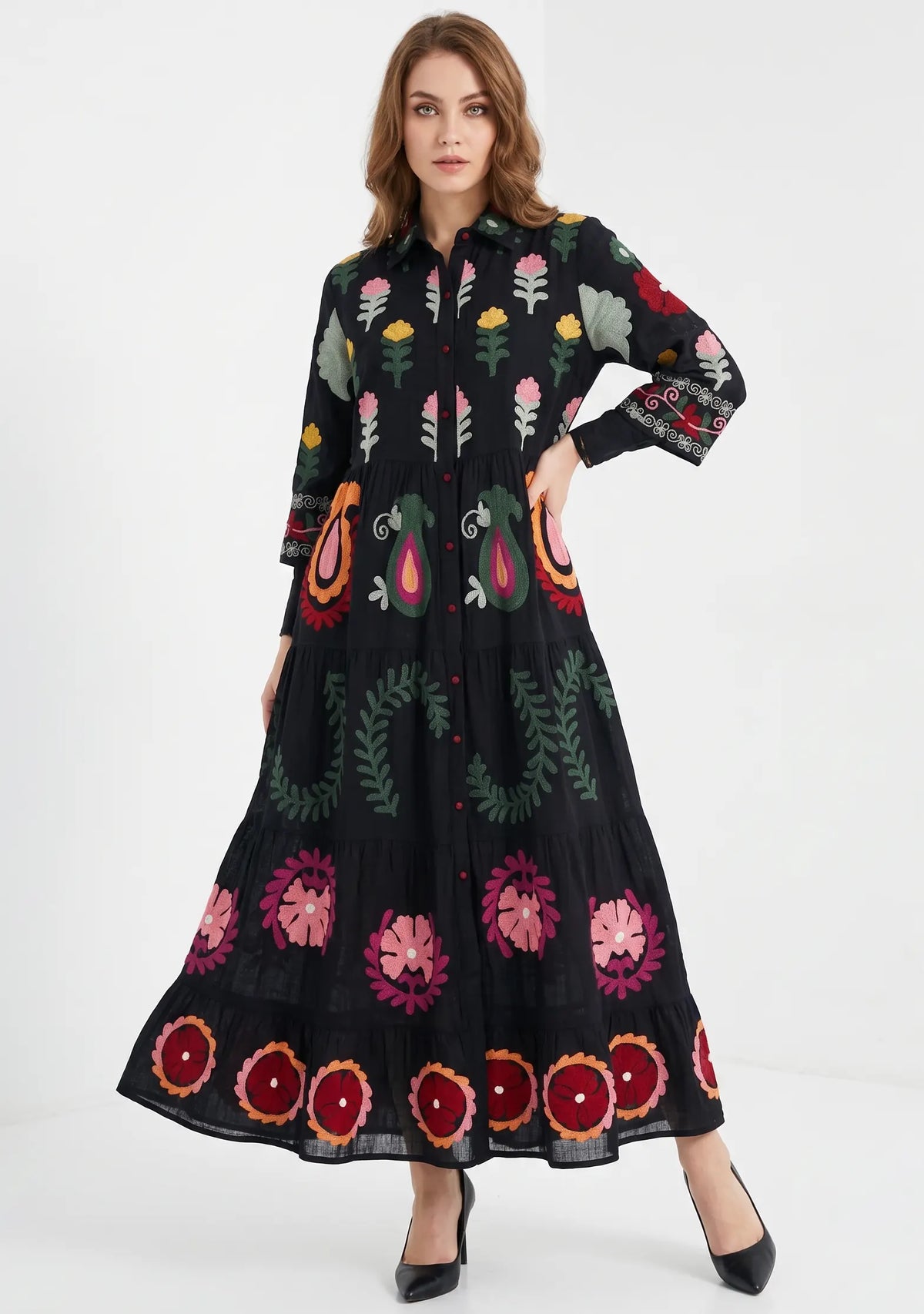 Women’s Cotton Hand-Embroidered Tiered Long Tunic - Ambir