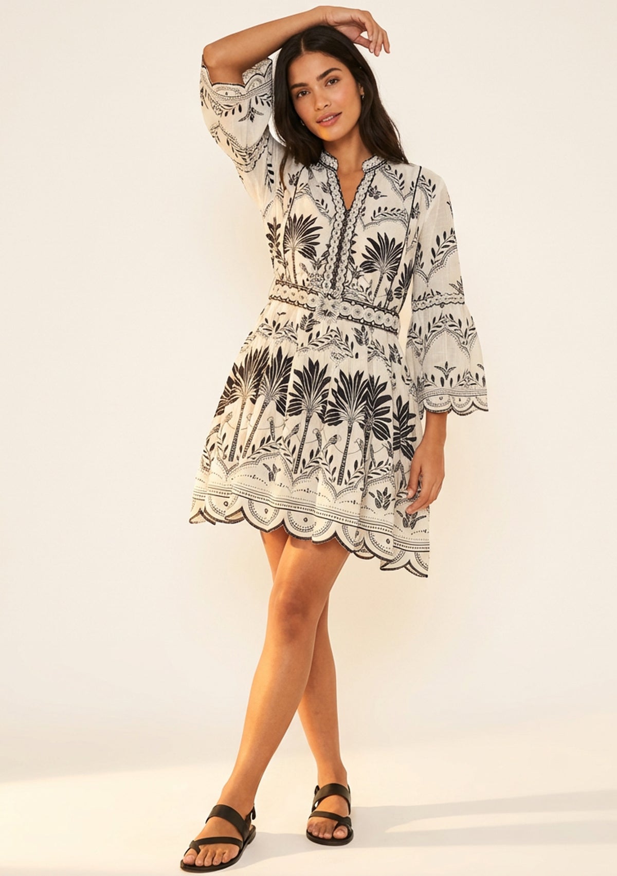 Rifat Short Tunic – Coral Botanical Print & Bell Sleeves | ibBan
