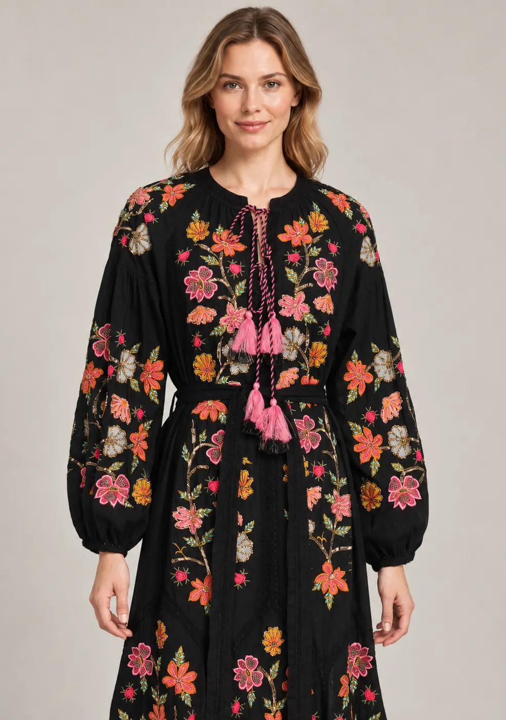 Women’s Cotton Long Dress with Floral Hand Embroidery -Ravila