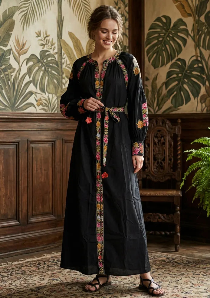Women’s Cotton Long Dress with Hand Embroidery - Zayra