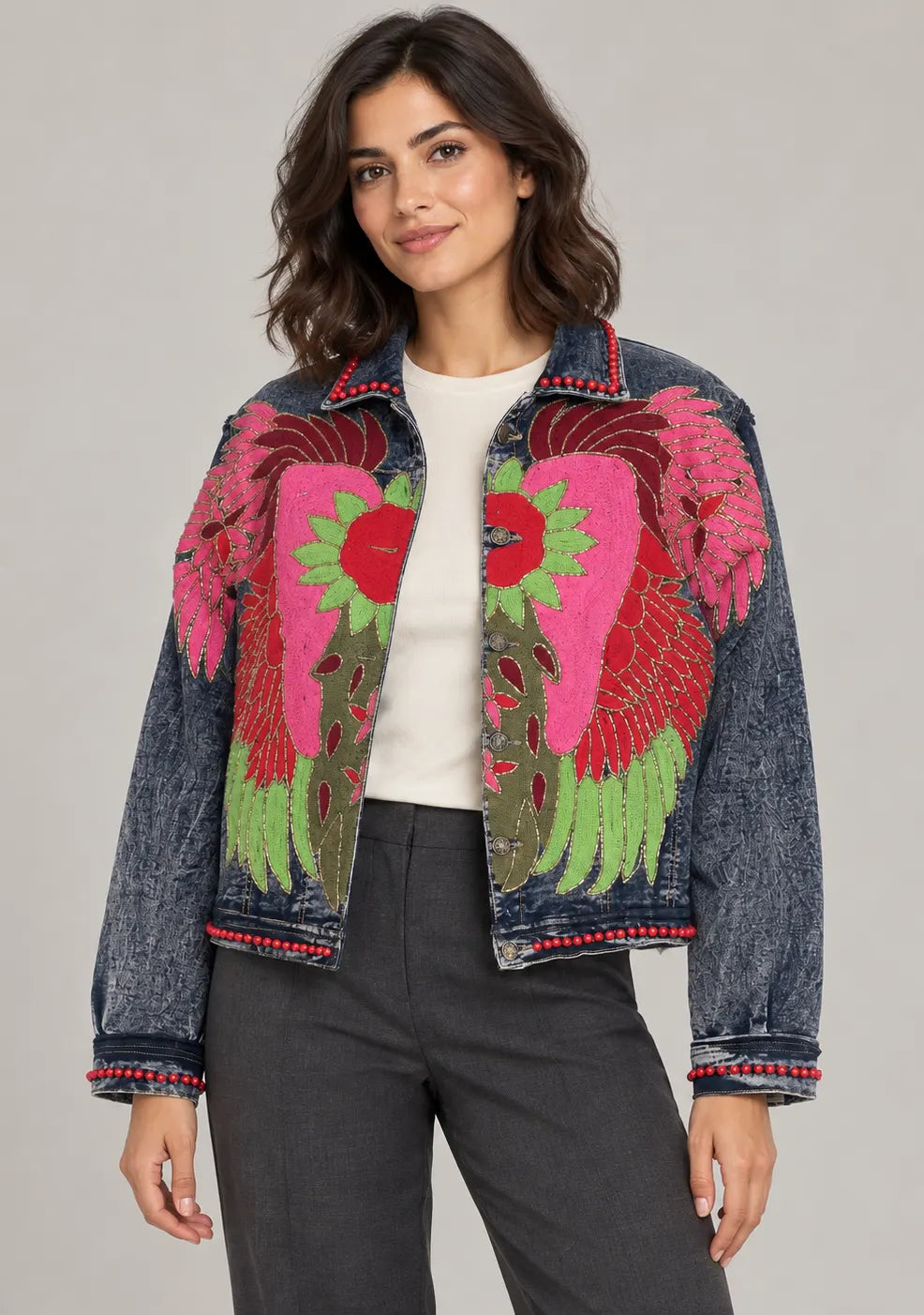 Women’s Cotton Denim Jacket with Hand-Embroidered - Fizro