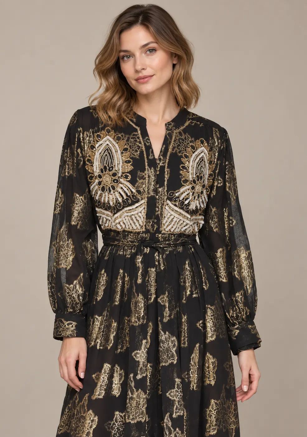 Women’s Hand-Embroidered Cotton Lurex Long Dress - Varsha