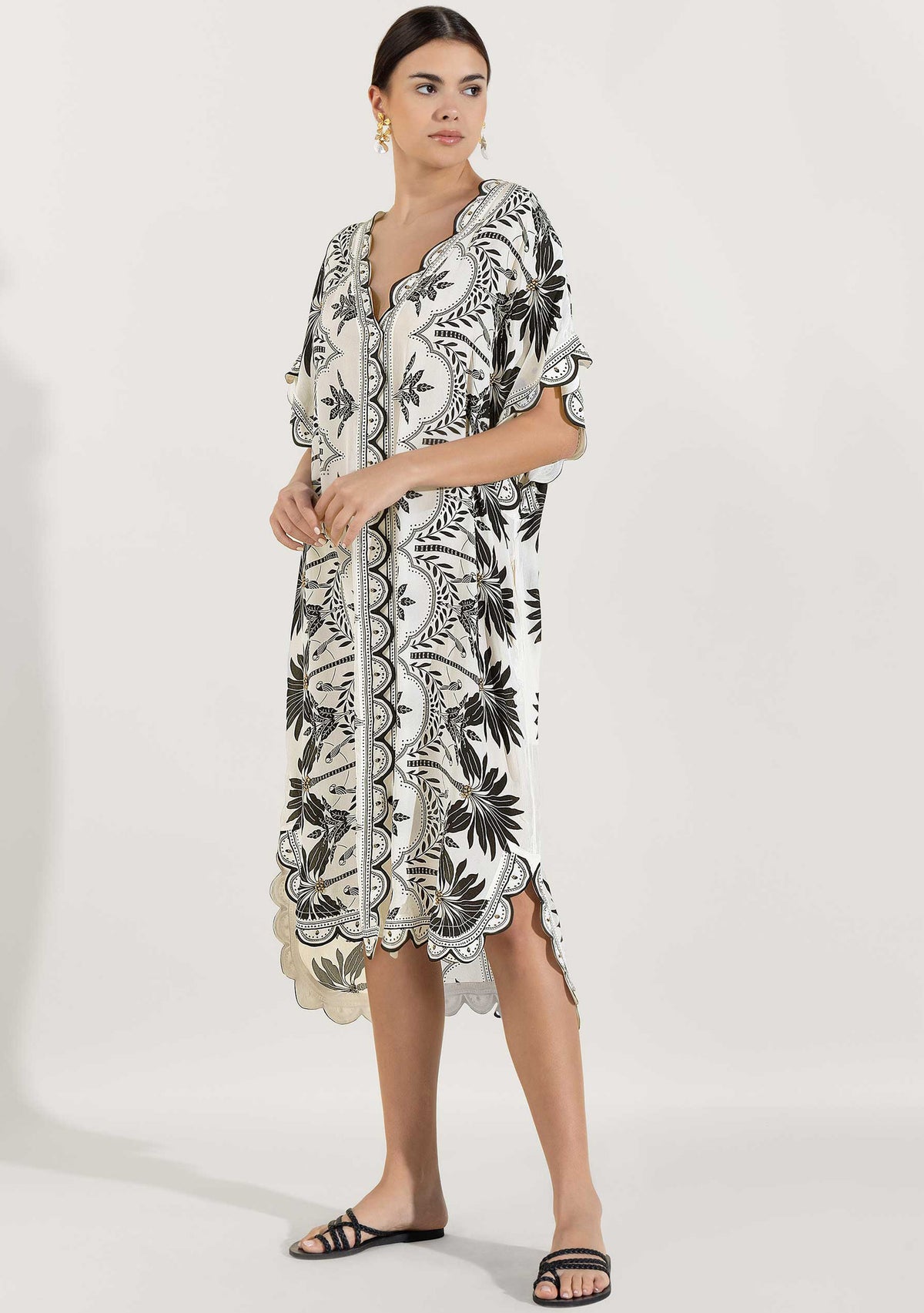 Rifat Black Botanical Kaftan Dress with Scalloped Edges | ibBan