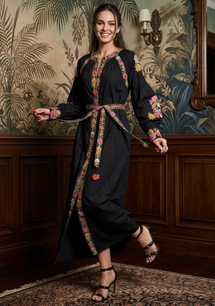 Women’s Cotton Long Dress with Hand Embroidery - Zayra