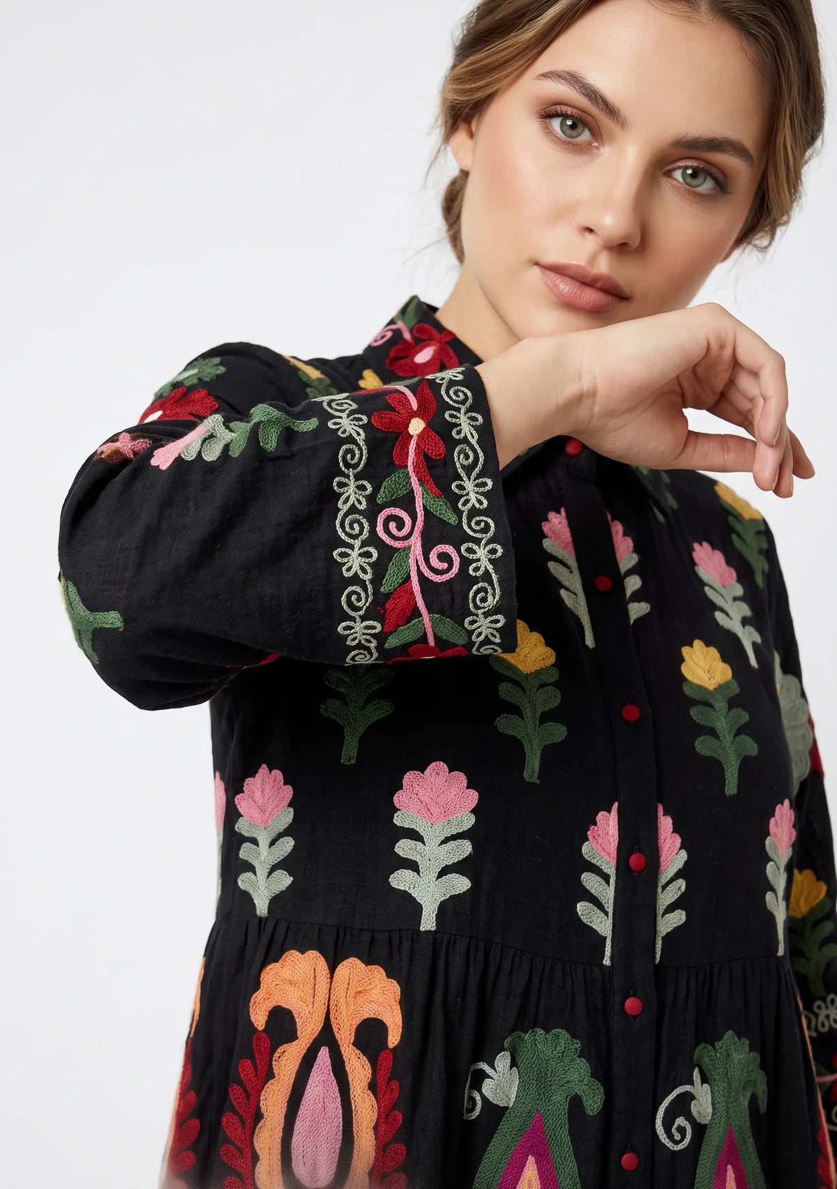 Women’s Cotton Hand-Embroidered Tiered Long Tunic - Ambir