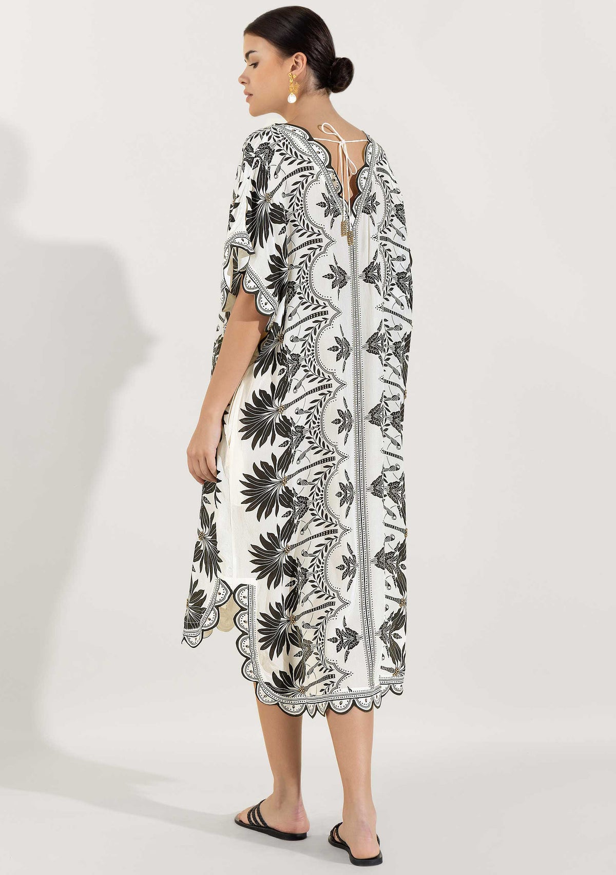 Rifat Black Botanical Kaftan Dress with Scalloped Edges | ibBan