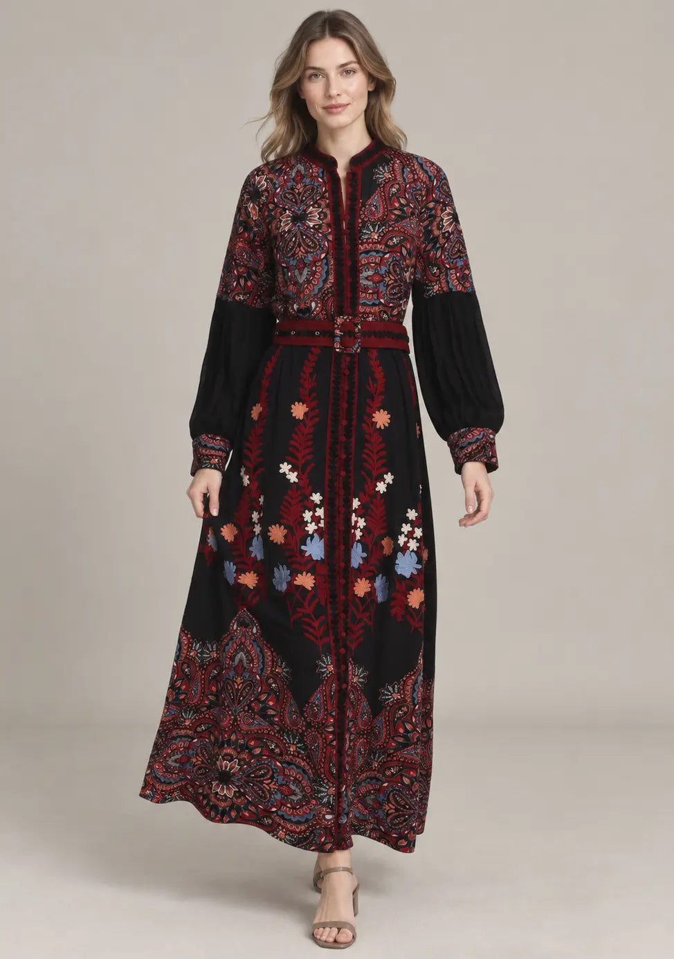 Women’s Cotton Jersey Embroidered Maxi Dress with Belt - Minja