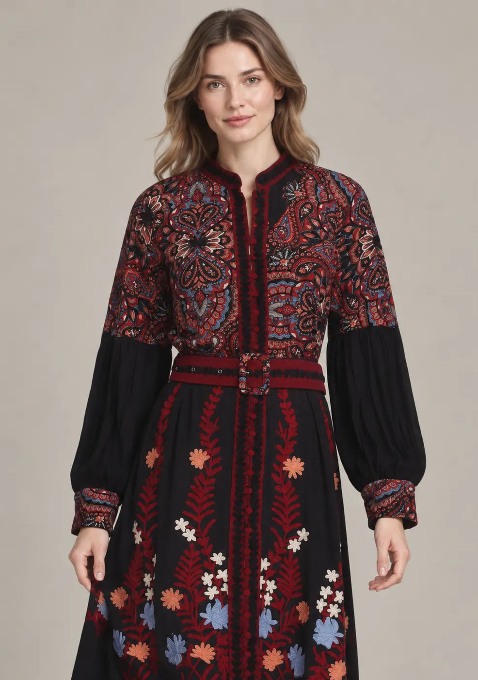 Women’s Cotton Jersey Embroidered Maxi Dress with Belt - Minja