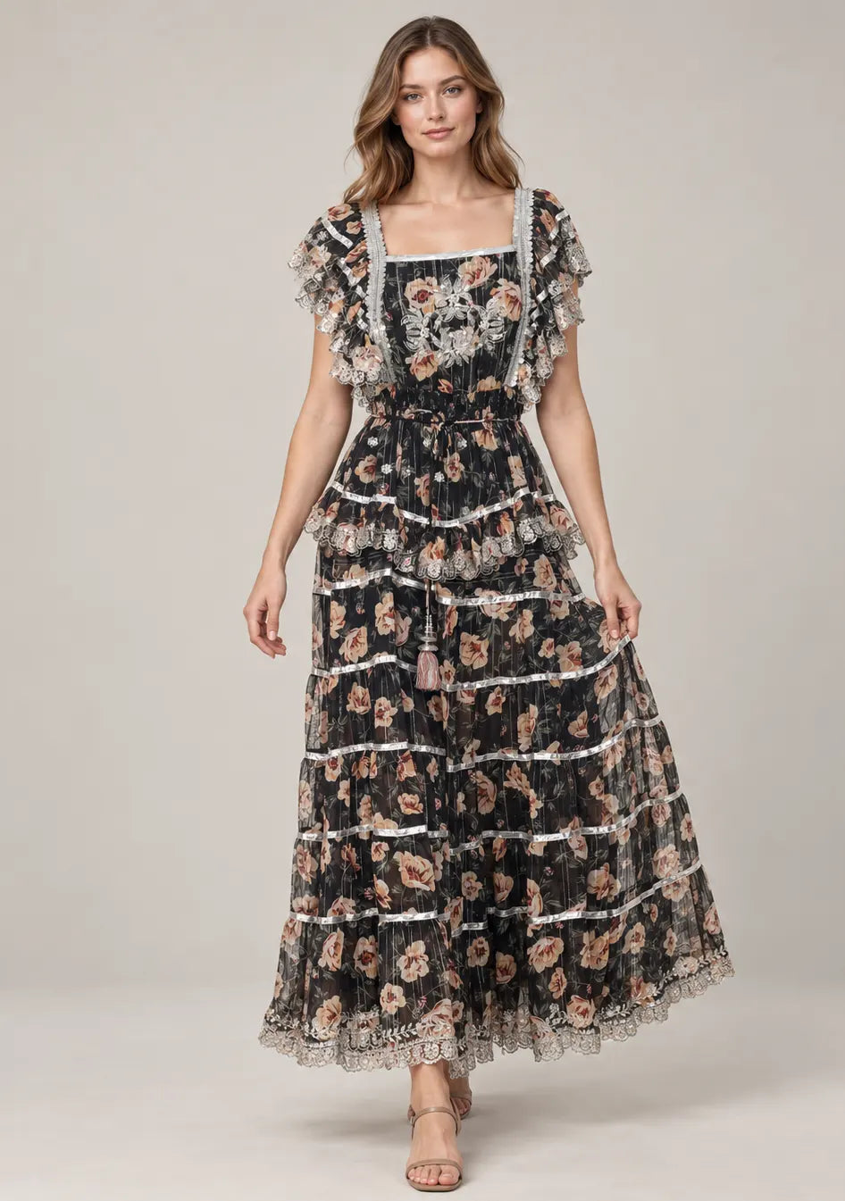 Floral Hand-Embroidered Cotton Georgette Long Dress -Kausar
