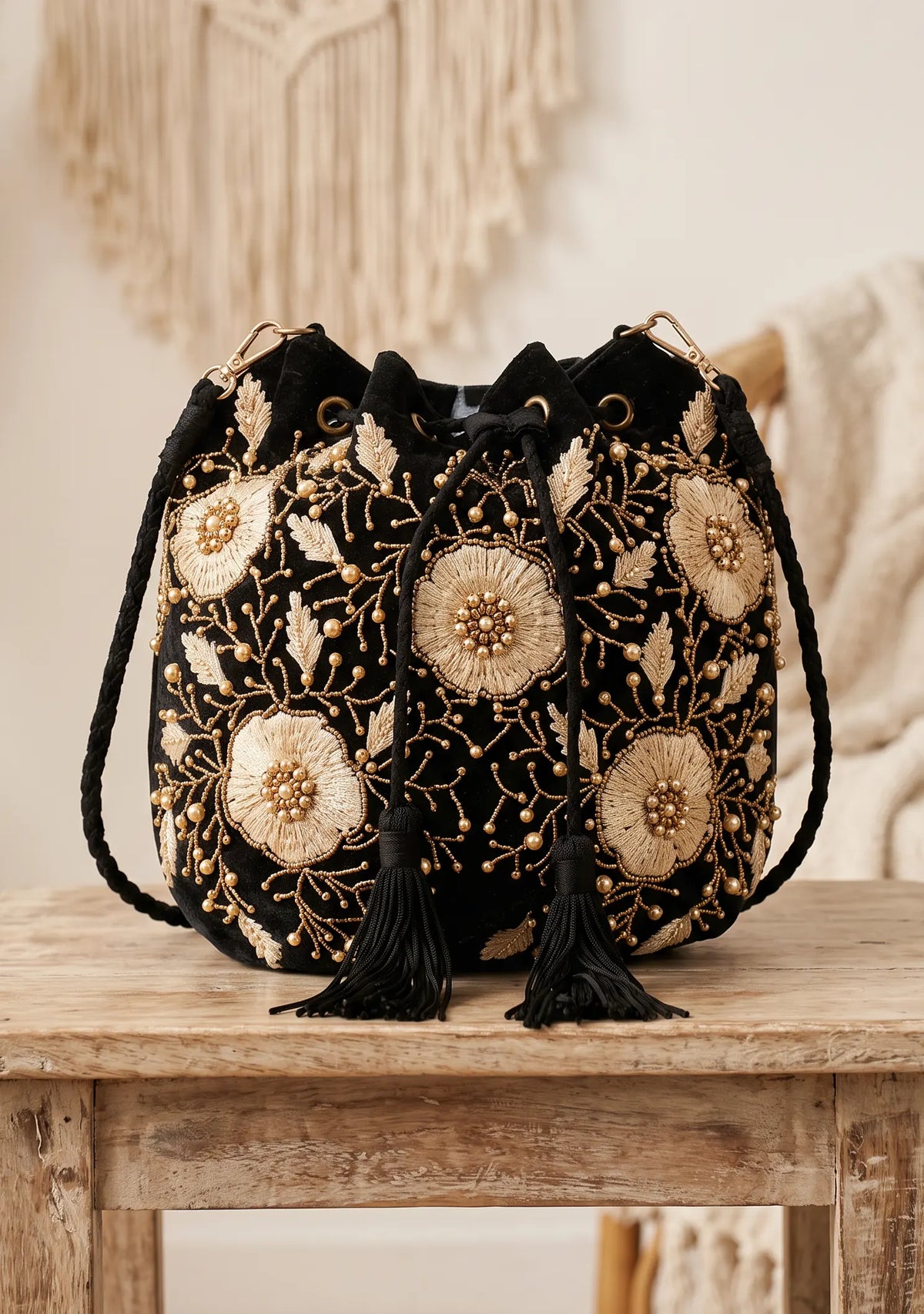 ibBan Hand-Embroidered Canvas Potli Bag with Beadwork - Johri