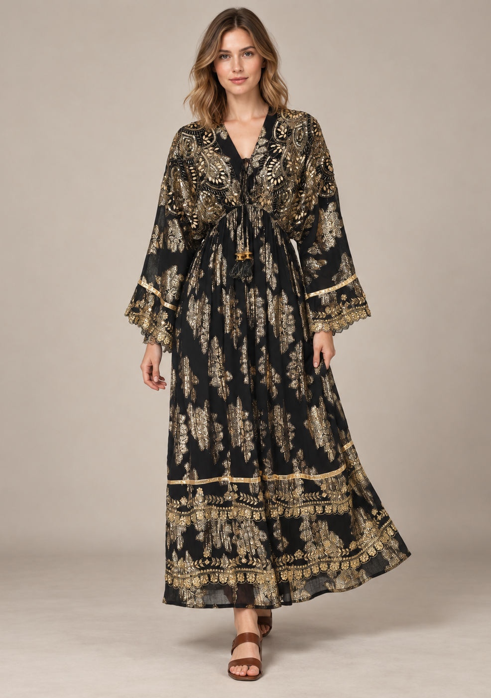 Sofiya Black & Gold Long Dress with Bell Sleeves & Tassel Ties | ibBan