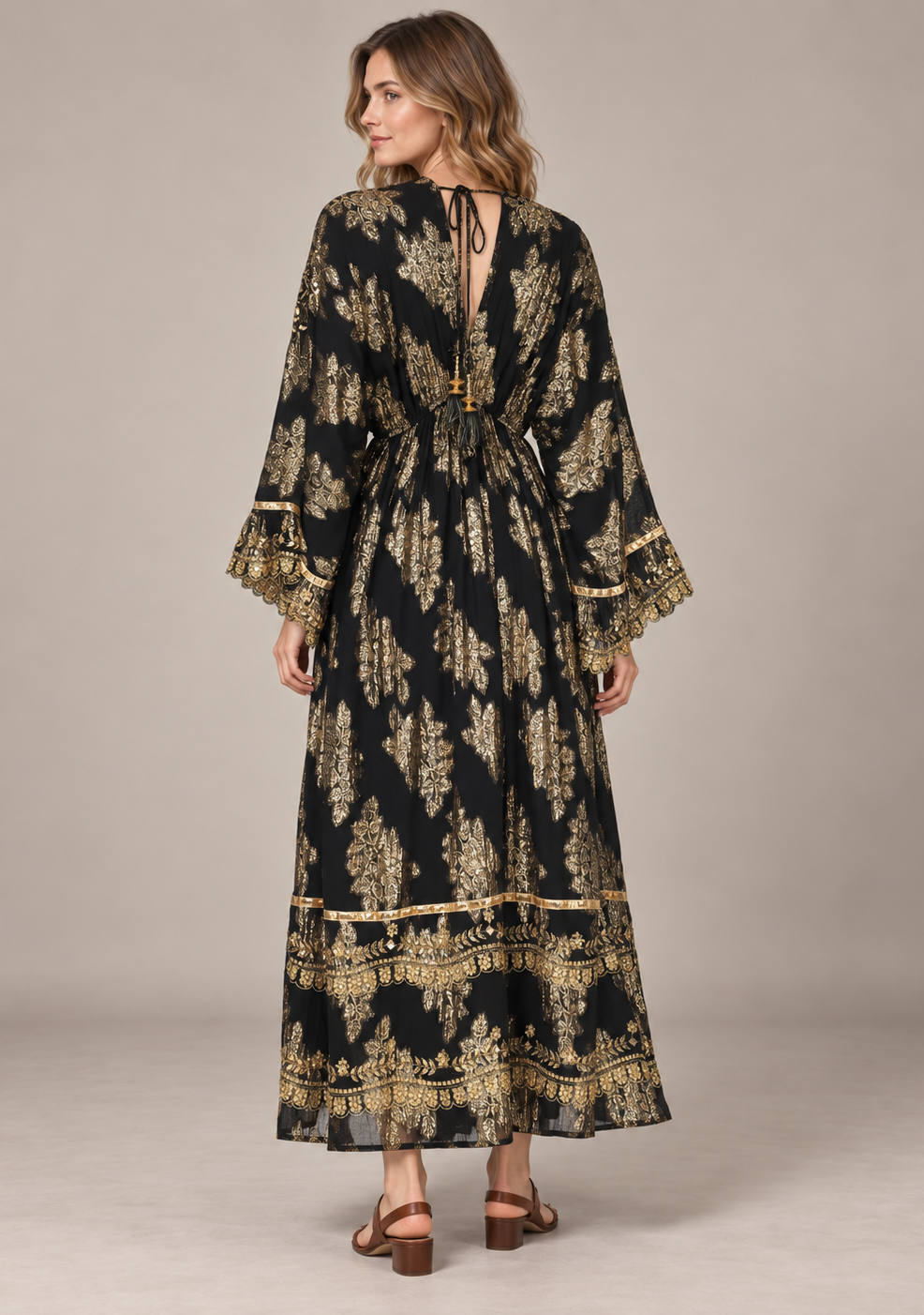 Sofiya Black & Gold Long Dress with Bell Sleeves & Tassel Ties | ibBan