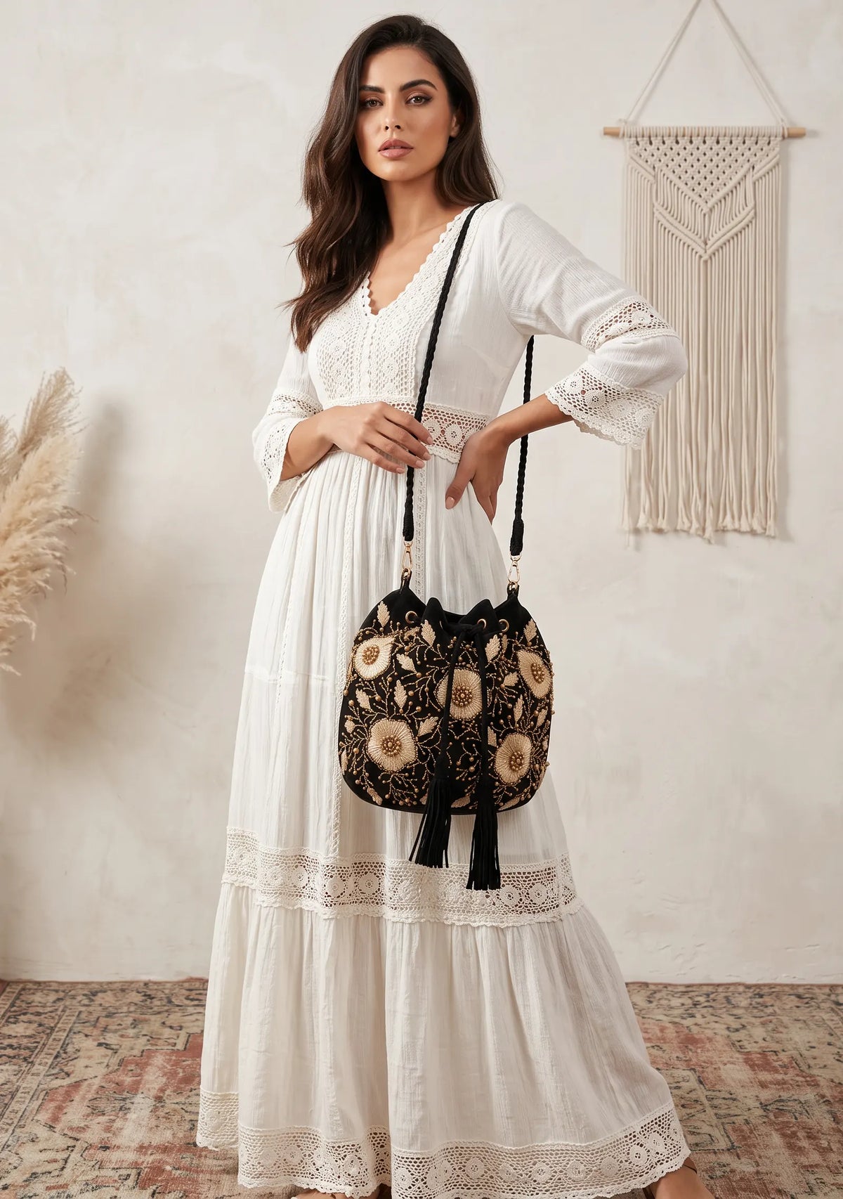 ibBan Hand-Embroidered Canvas Potli Bag with Beadwork - Johri