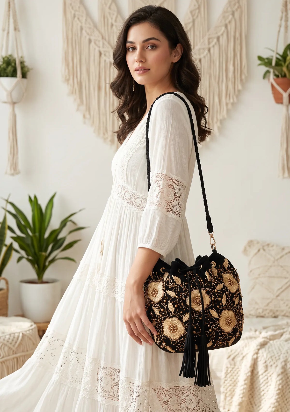ibBan Hand-Embroidered Canvas Potli Bag with Beadwork - Johri
