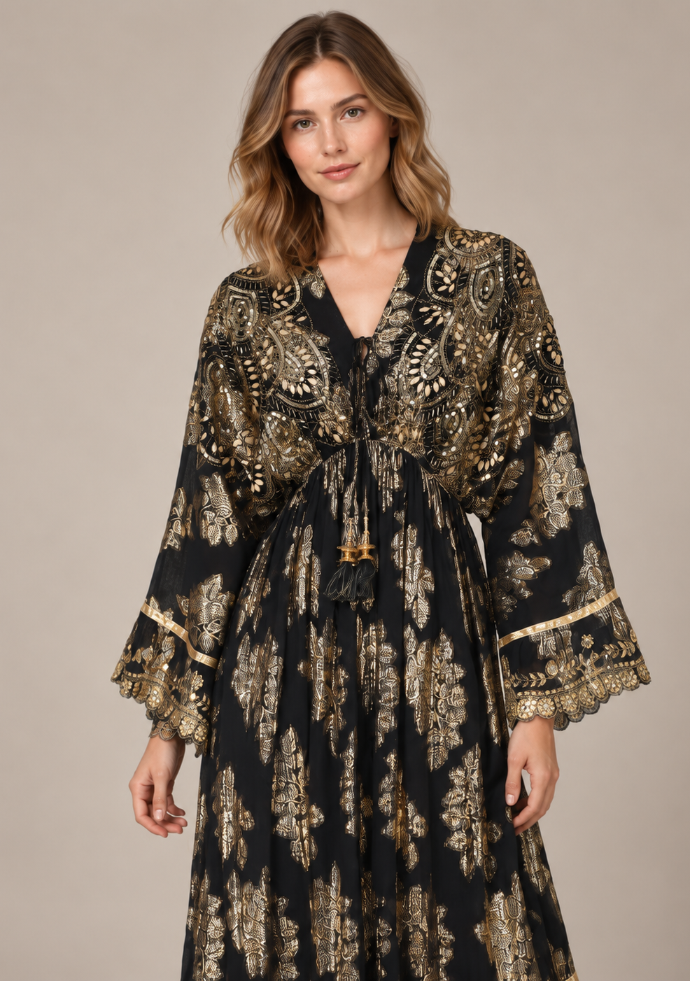 Sofiya Black & Gold Long Dress with Bell Sleeves & Tassel Ties | ibBan
