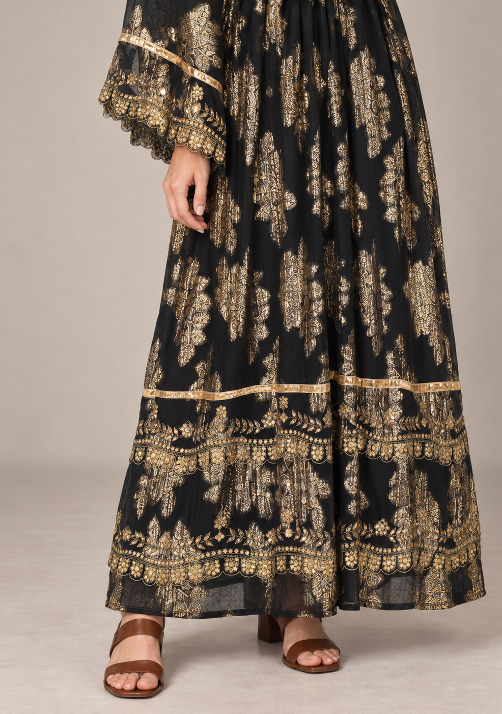 Sofiya Black & Gold Long Dress with Bell Sleeves & Tassel Ties | ibBan