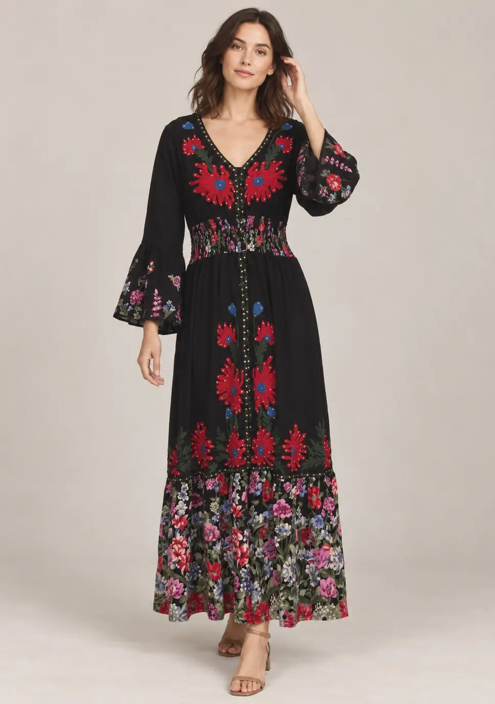 Women’s Cotton Jersey Floral Maxi Dress with Hand Embroidery - Fazli
