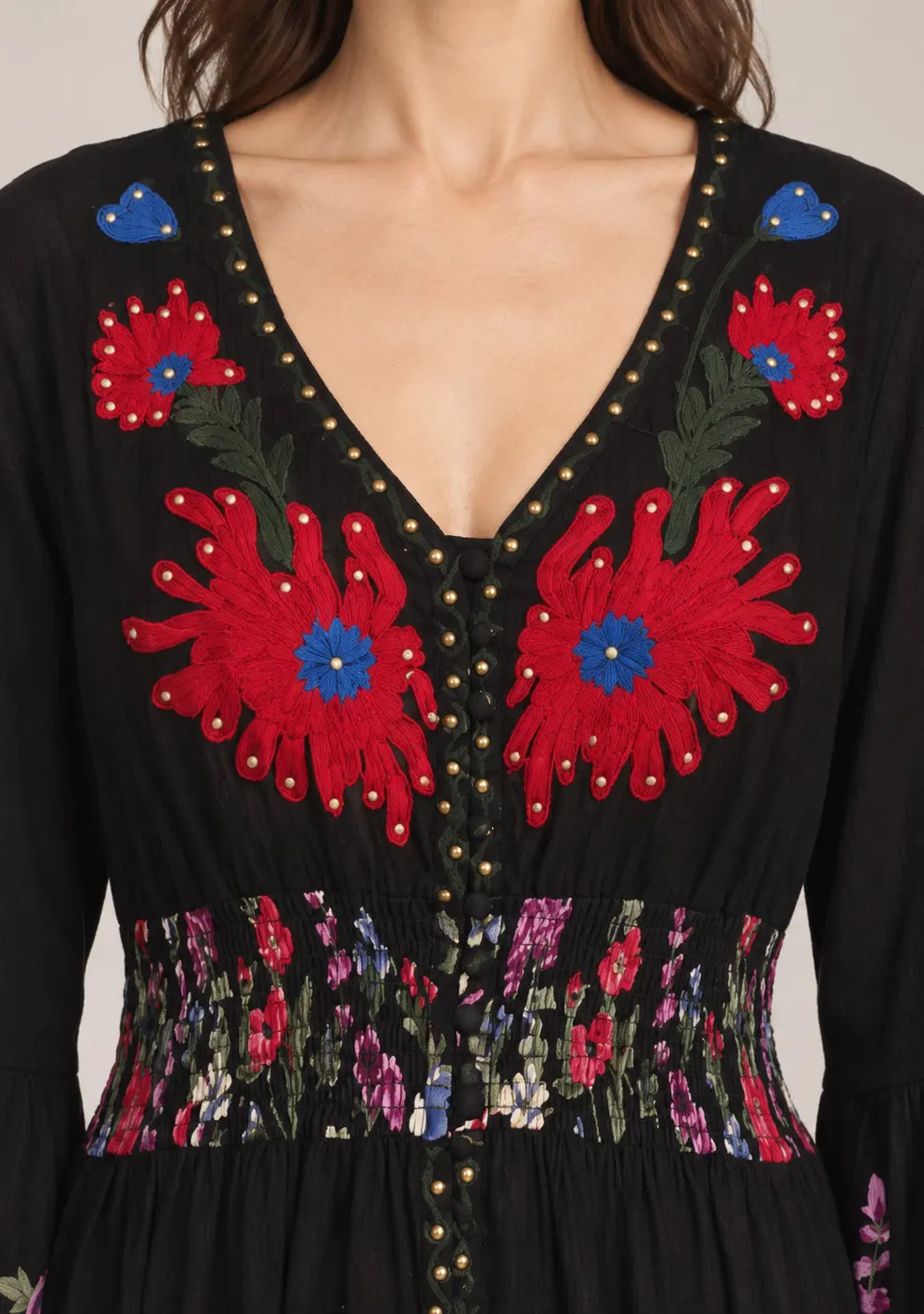 Women’s Cotton Jersey Floral Maxi Dress with Hand Embroidery - Fazli