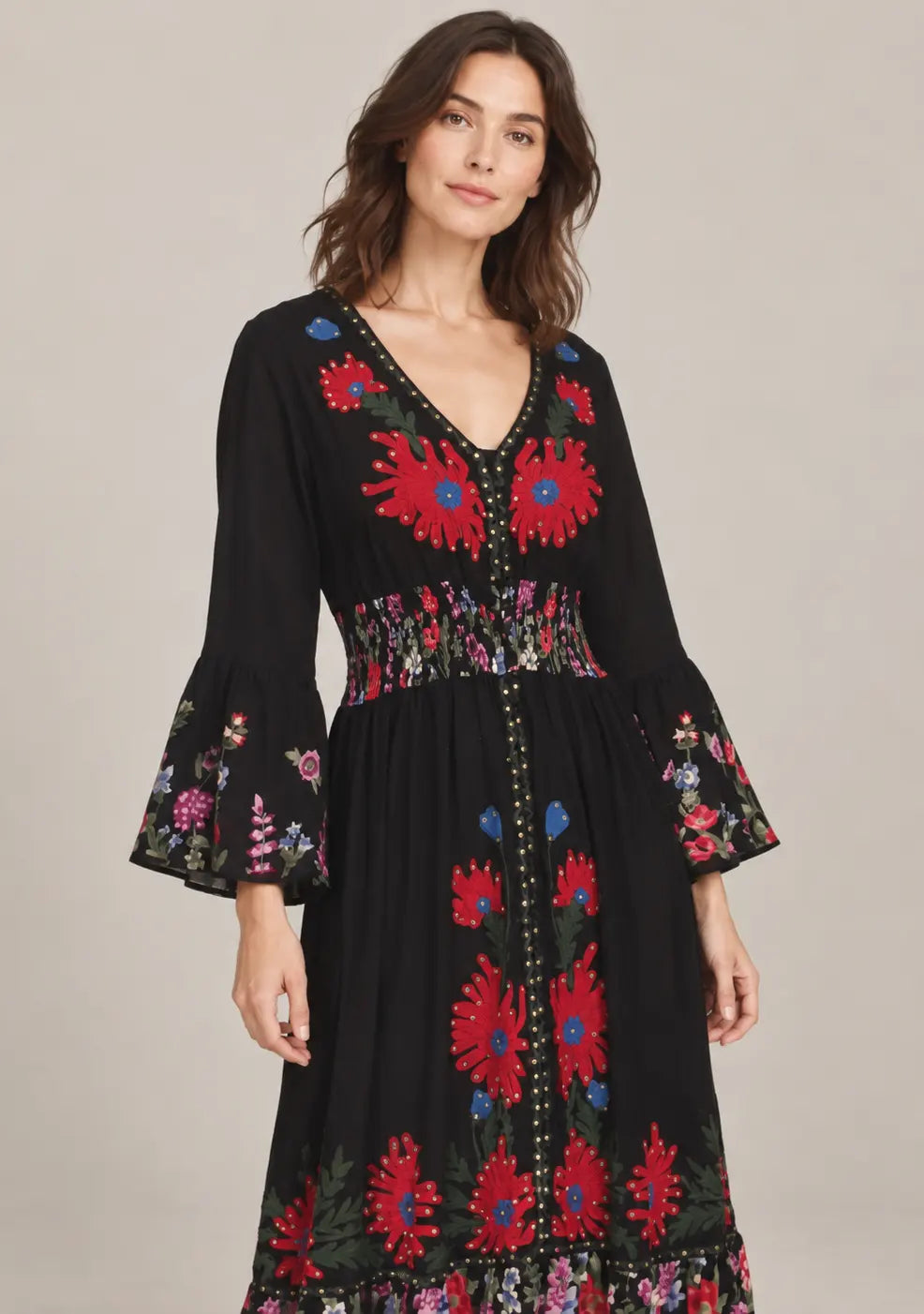 Women’s Cotton Jersey Floral Maxi Dress with Hand Embroidery - Fazli