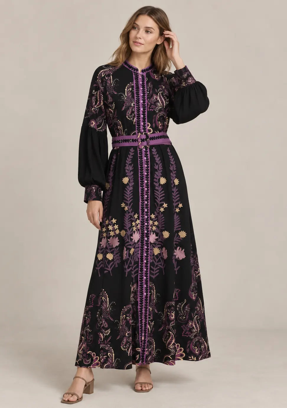 Women’s Cotton Jersey Embroidered Maxi Dress with Belt - Minja