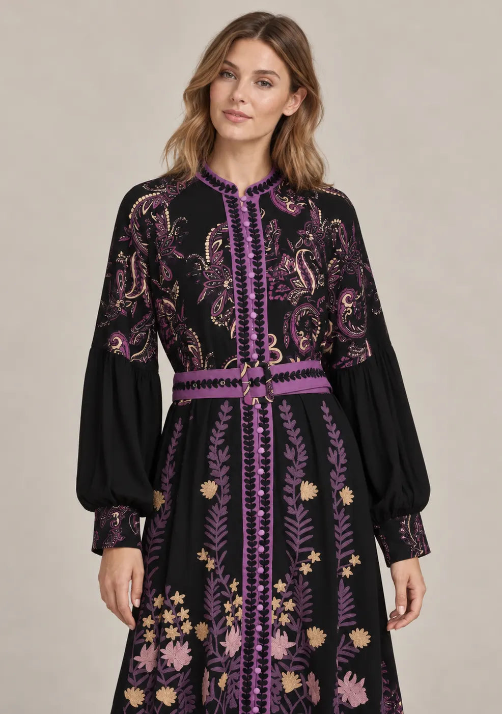 Women’s Cotton Jersey Embroidered Maxi Dress with Belt - Minja