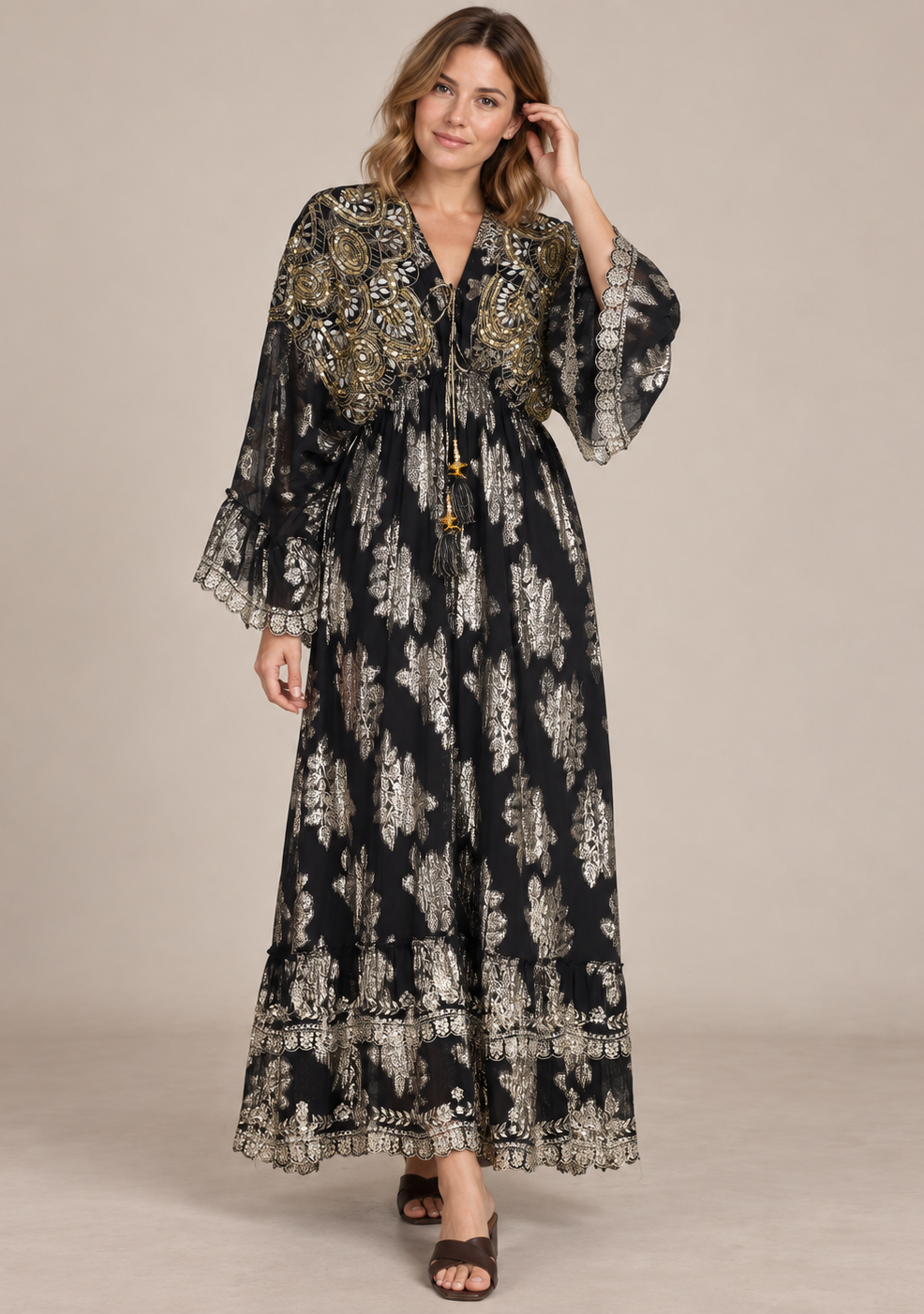 Sofiya Black & Gold Long Dress with Bell Sleeves & Tassel Ties | ibBan