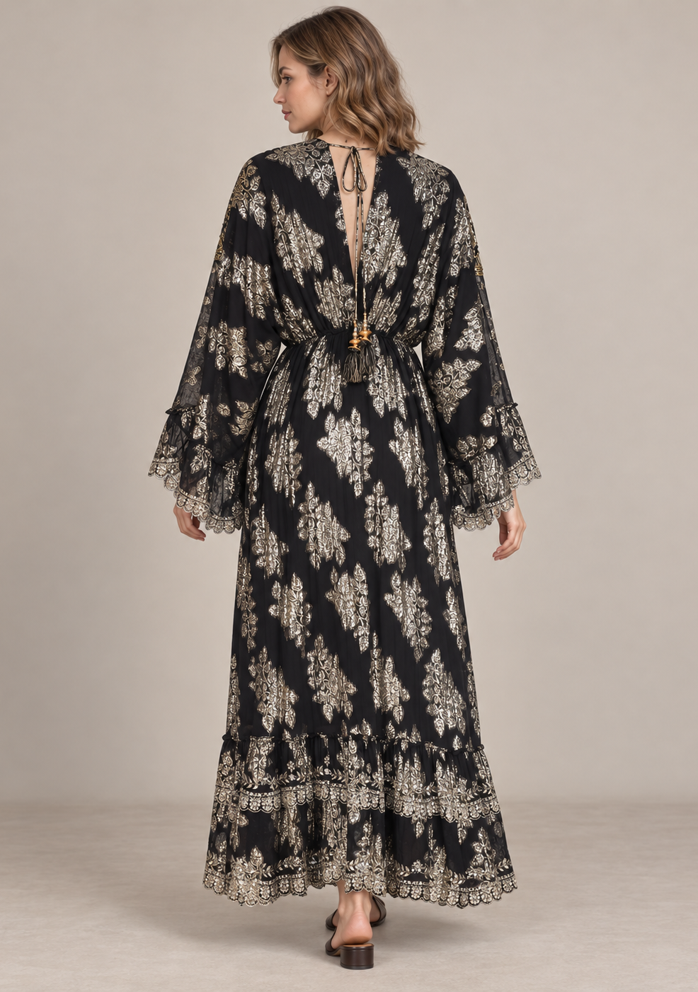 Sofiya Black & Gold Long Dress with Bell Sleeves & Tassel Ties | ibBan
