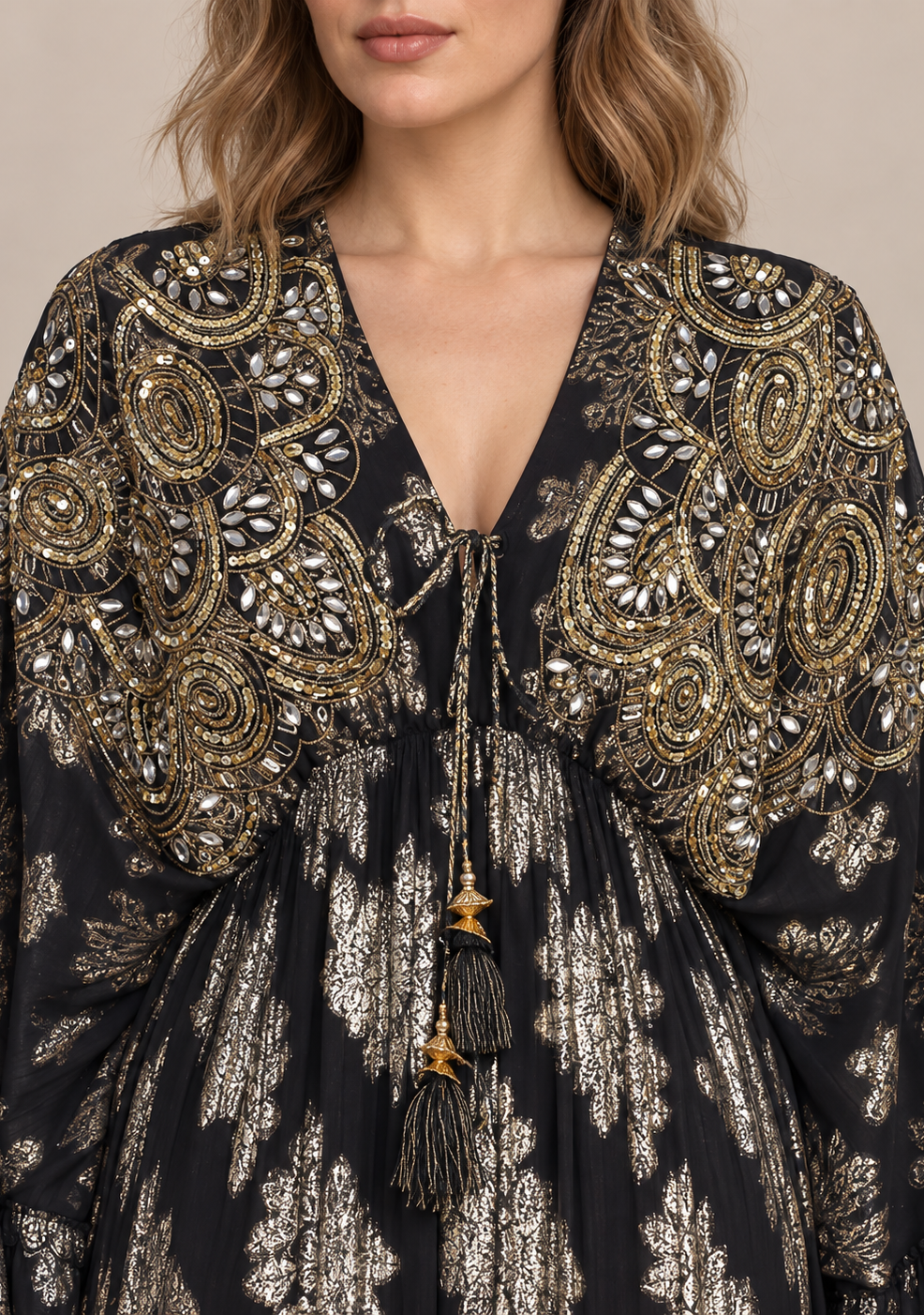 Sofiya Black & Gold Long Dress with Bell Sleeves & Tassel Ties | ibBan