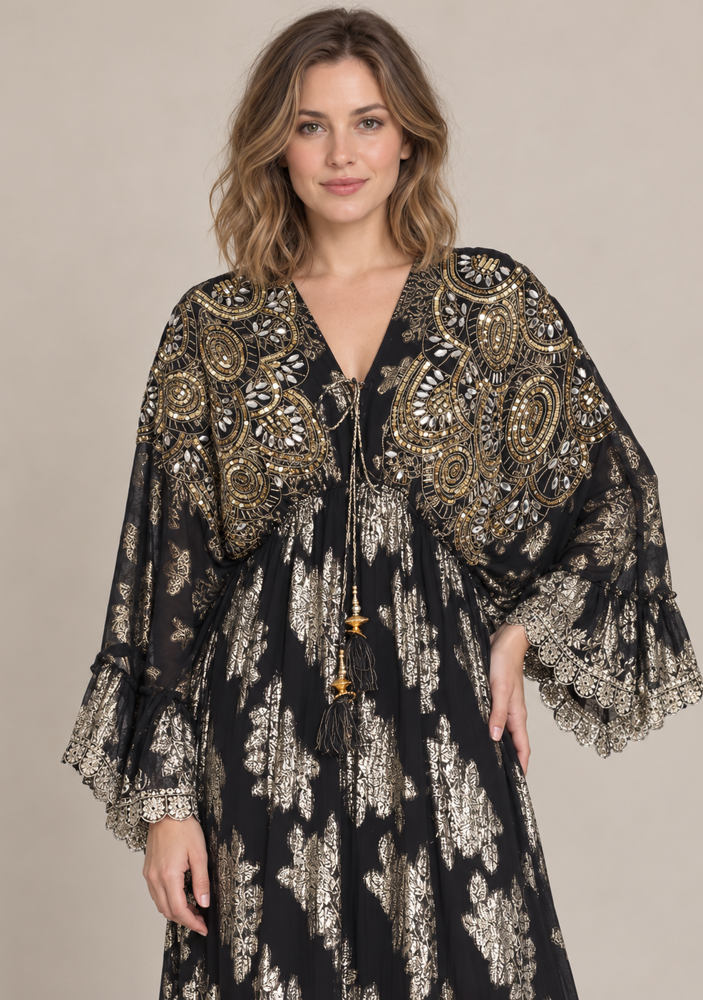 Sofiya Black & Gold Long Dress with Bell Sleeves & Tassel Ties | ibBan