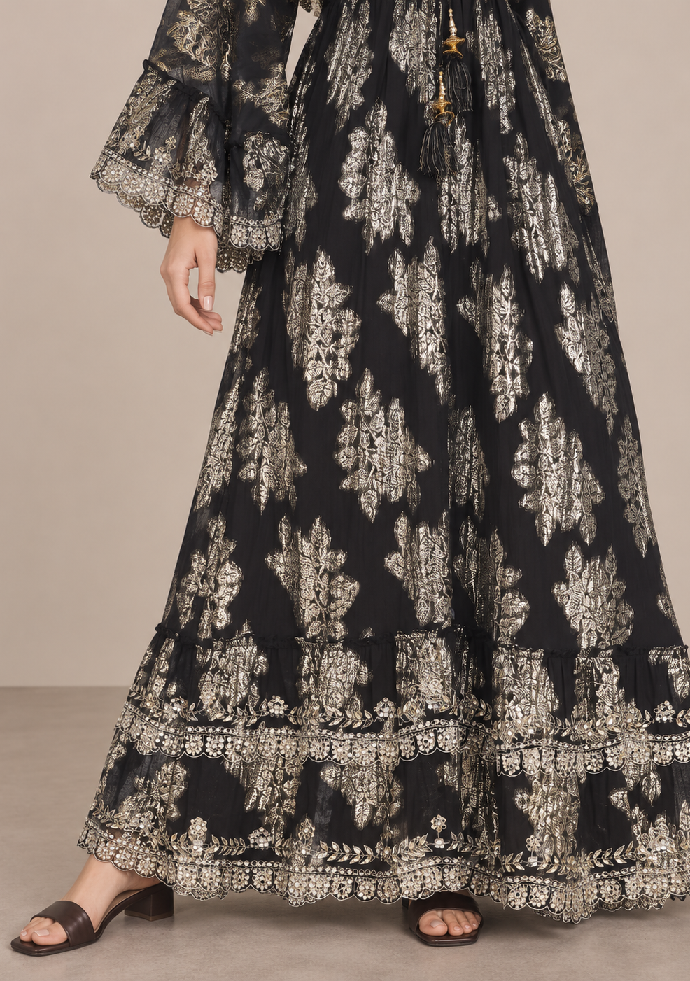 Sofiya Black & Gold Long Dress with Bell Sleeves & Tassel Ties | ibBan