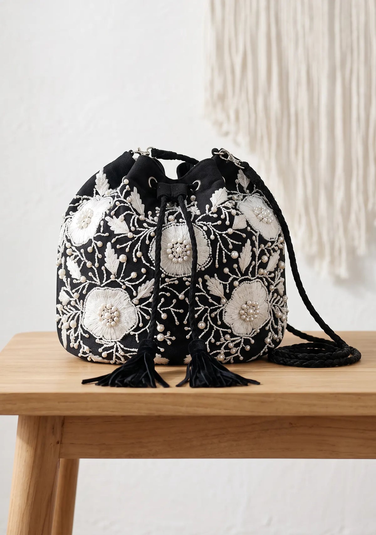 ibBan Hand-Embroidered Canvas Potli Bag with Beadwork - Johri
