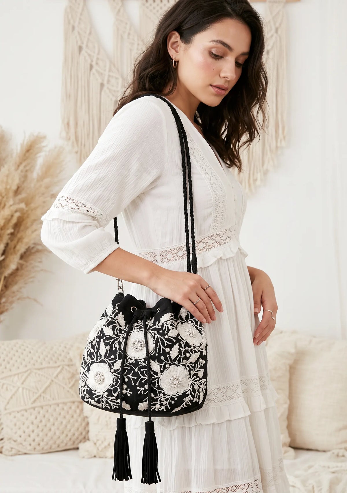 ibBan Hand-Embroidered Canvas Potli Bag with Beadwork - Johri