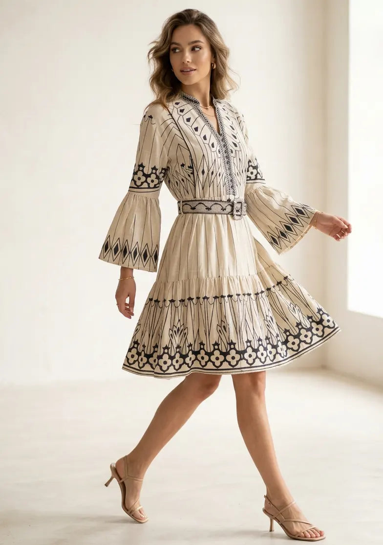 Meerab Short Tunic in Ivory & Black with Bell Sleeves | ibBan